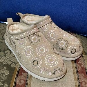 UGG Tan Ankle Booties with Floral Design